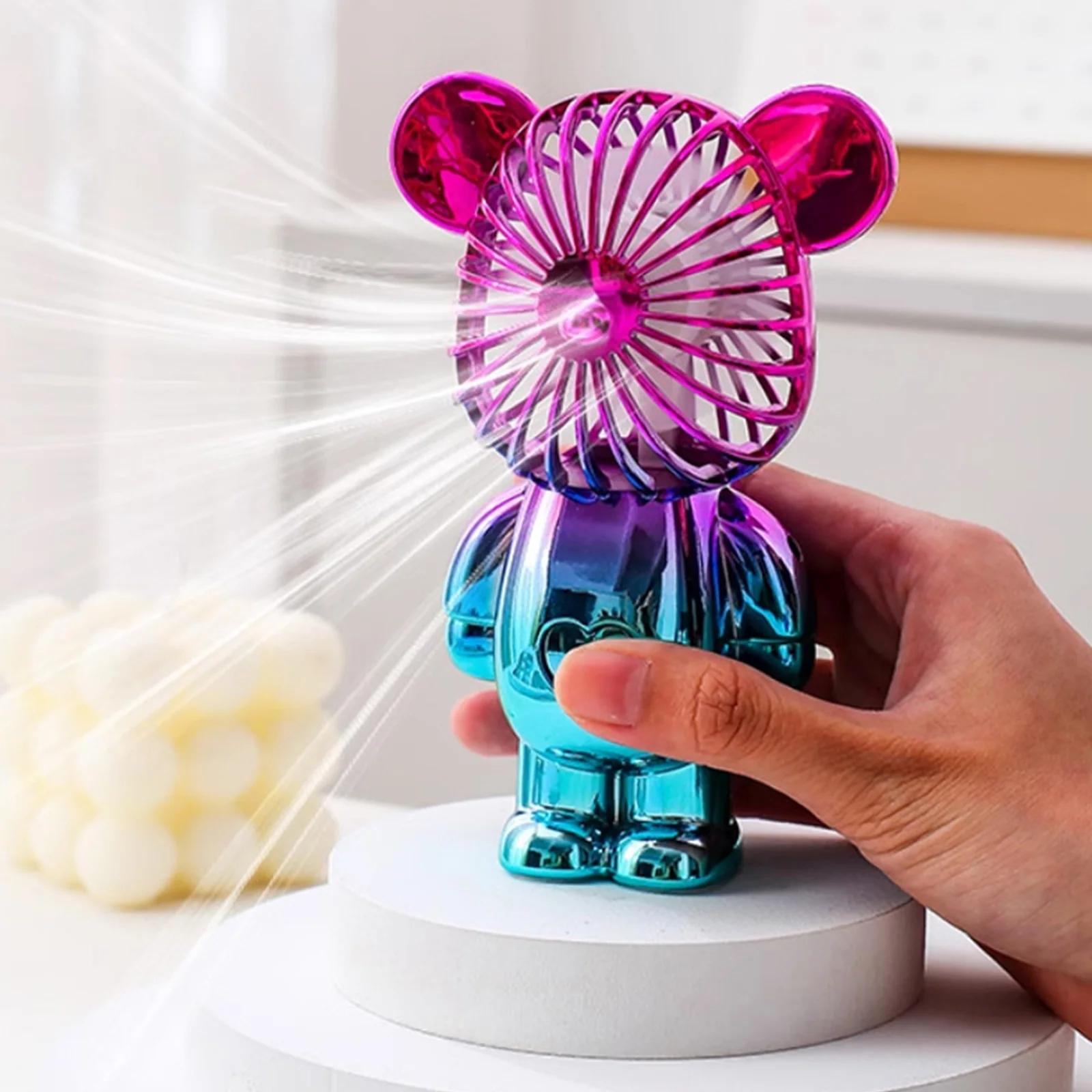 Graffiti Bear Handheld Fans USB Rechargeable Personal Fan Electroplating Gradient 3-speed for Camping Outdoor Travel