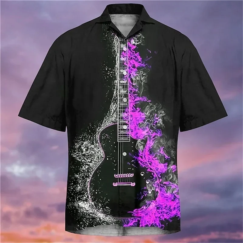 Flame Guitar 3D Print Hawaiian Beach Shirts Men Women Casual Fashion Streetwear Short Sleeve Shirt Male Tops Blouse Man Clothing