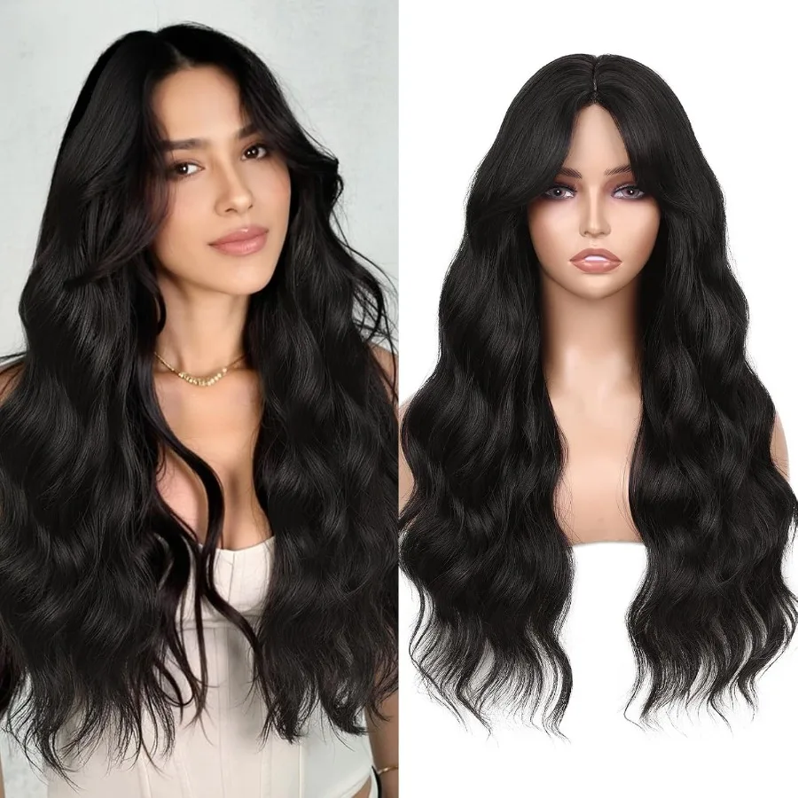 ウィグニー ロング ブラック カール ウェーブ ウィッグ 女性用 26インチ ミドルパート 合成毛 ウィッグ グルーレス 前髪付き 自然な生え際