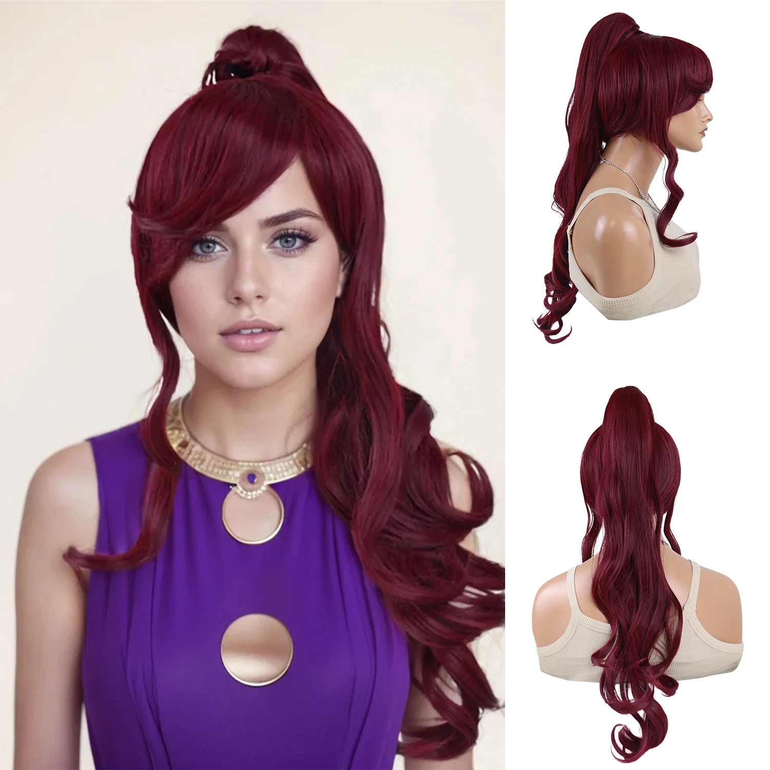 

Synthetic Hair Megara Cosplay Wigs Dark Red Long Wig with Bangs Wine Red Ponytail Meg Costume Wig Halloween Party Drag Queen