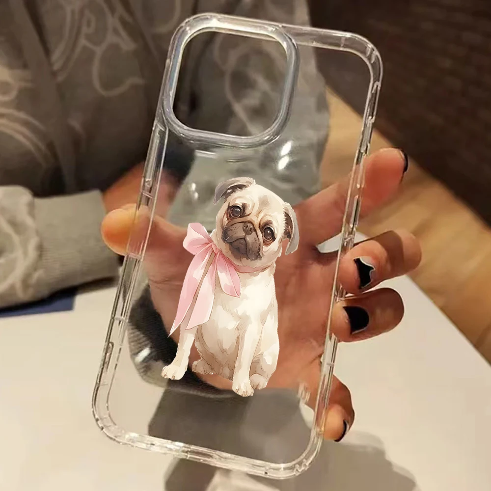 Funda Transparente para Teléfono con Diseño de Perro Pug con Lazo Rosa para iPhone 11 12 13 14 15 16 17 Pro Max 14 15 Plus 17 Air XS X XR, Funda Suave