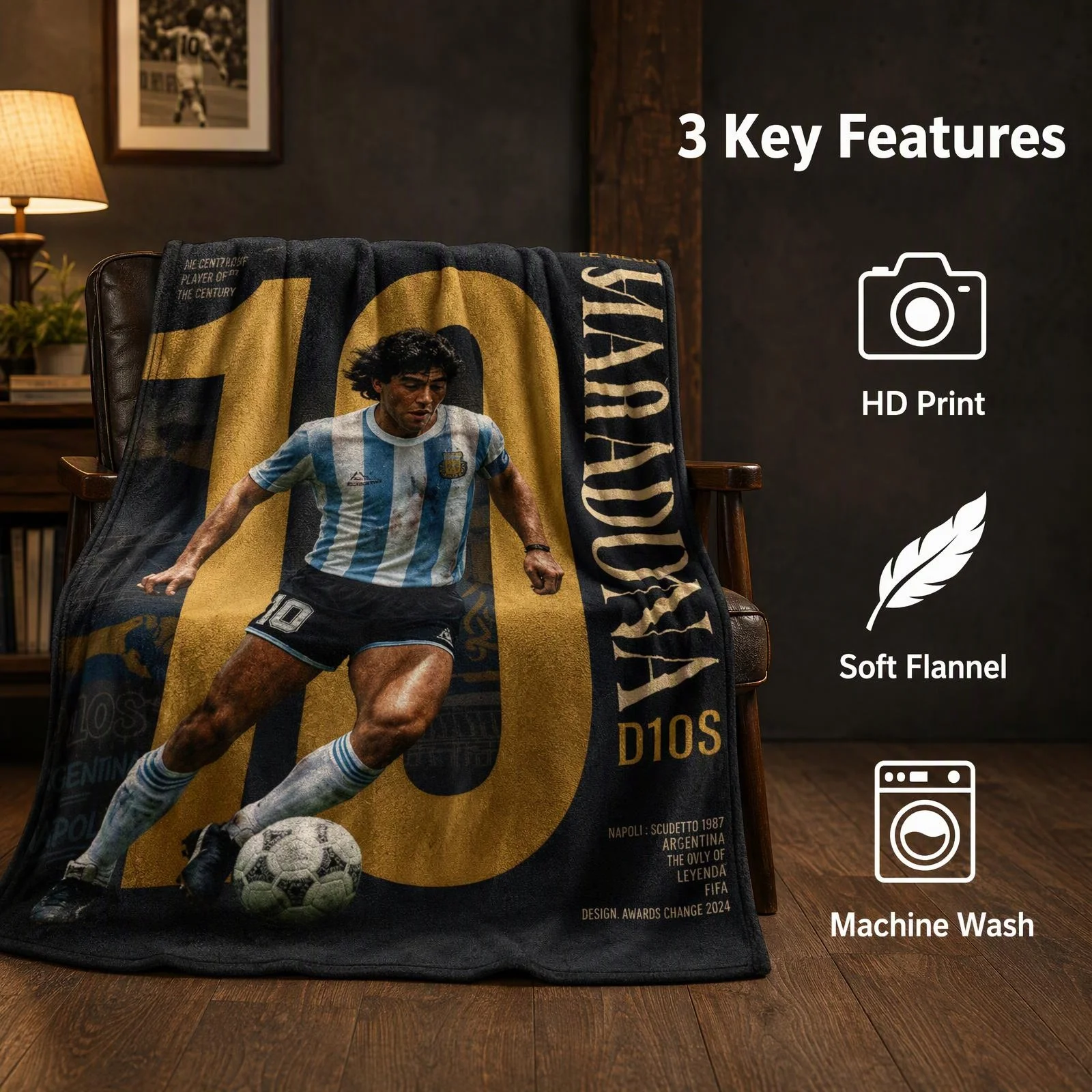 LOUSIDREAM Diego M-Maradona Commemorative Flannel Blanket, Soft Warm Print Throw for Argentina Football Fans Sofa Bedroom Decor