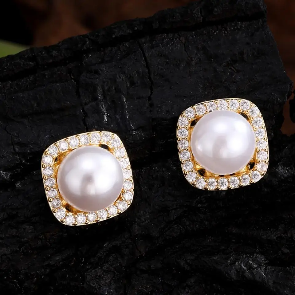 ZAKOL Exquisite Fashion Square Micro-set Zircon Imitation Pearl Women's Stud Earrings Retro Temperament Daily Versatile Jewelry