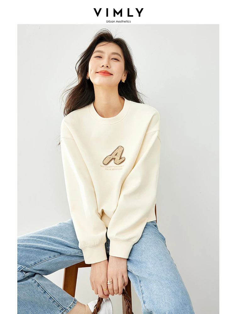 Vimly Letter Embroidery Short Women\'s Sweatshirt  2024 Apricot O-neck Spring Pullovers Long Sleeve Top Female Clothing M5710