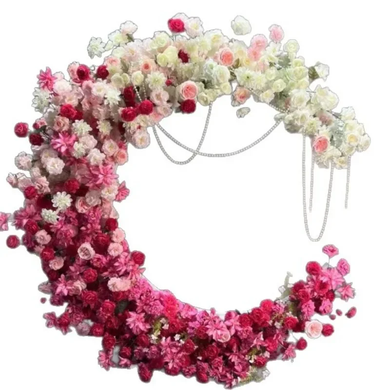 Movable gradual change moon fake flower arch floral wedding bar birthday banquet hall decoration props rose