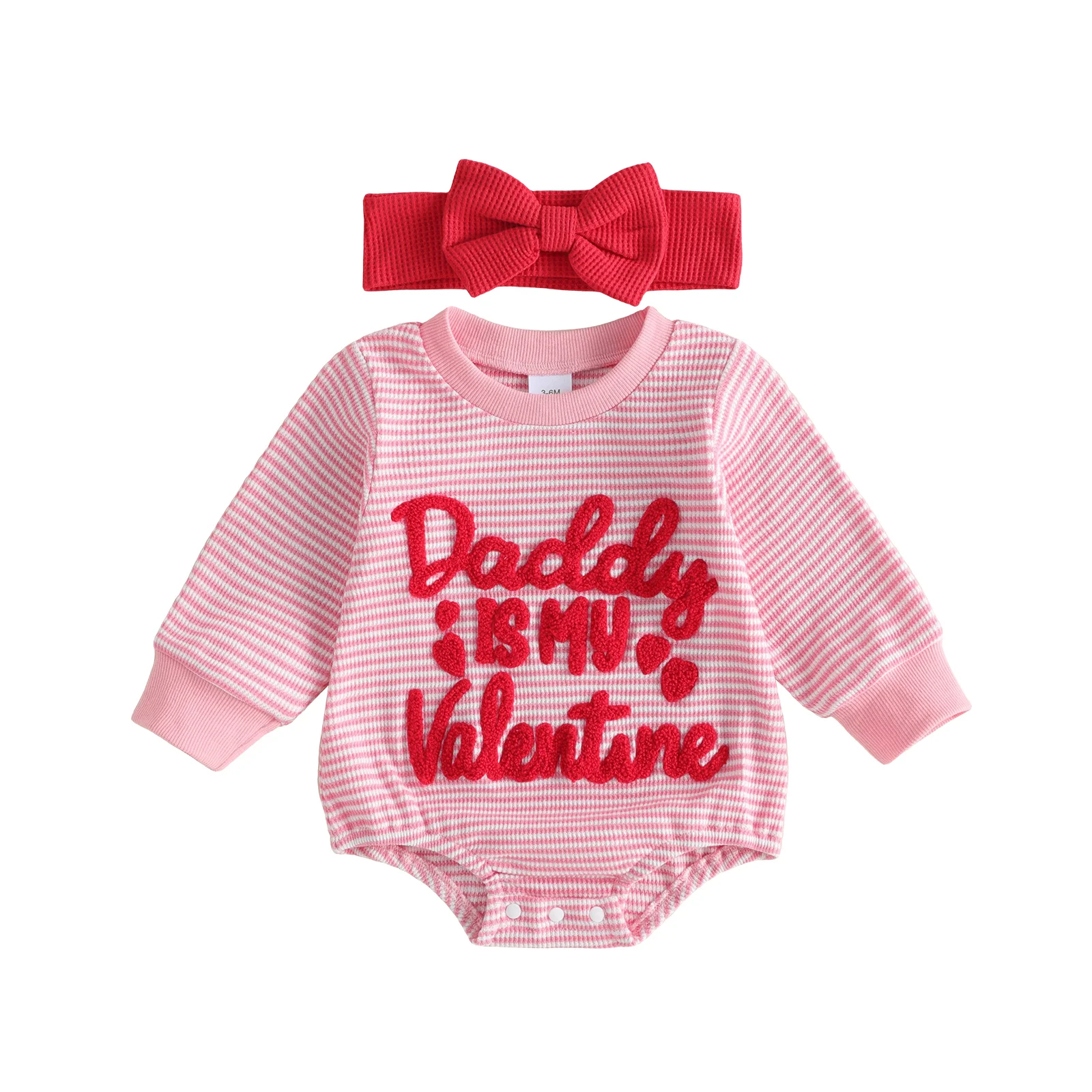 Infant Girl Valentine s Outfit Long Sleeve Waffle Knit Romper Bow Headband