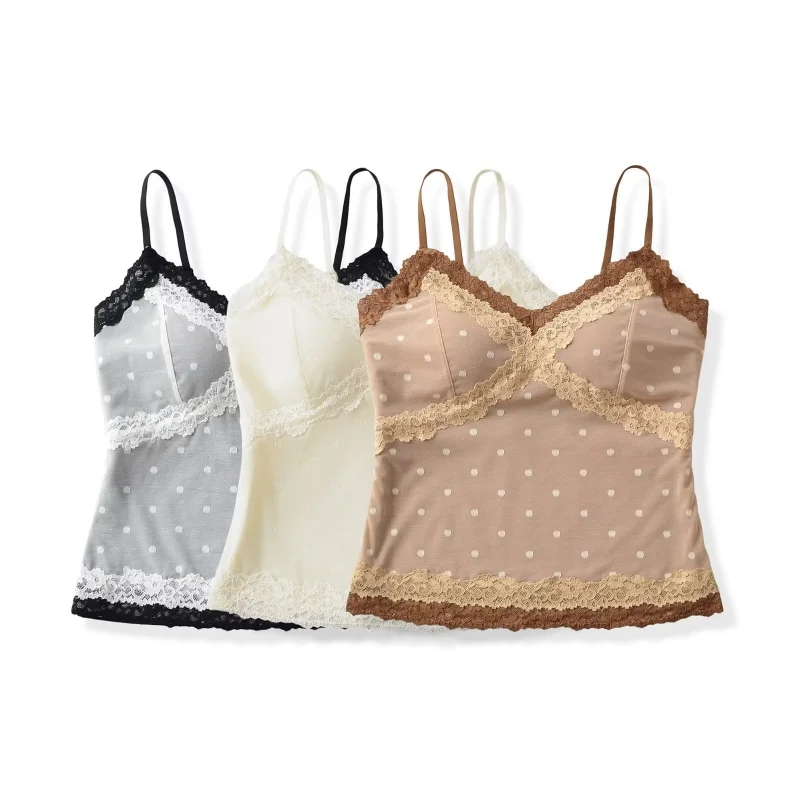 Polka Dot Color Block Lace Strap Women's Double Layer Cross V Neck Built in Pad Pure Desire Slim Fit Inner Wear Small Vest