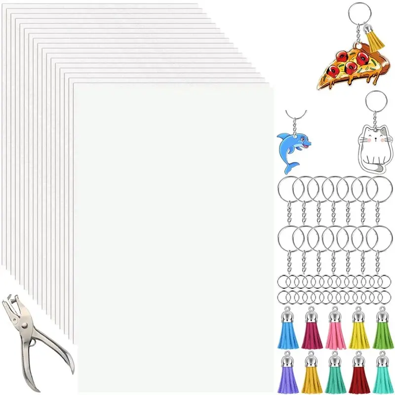 

【LAST CHANCE】Набор брелоков из кревеющей бумаги для рукоделия (156 шт.), дырокол, кисточка, брелоки и цепочка для ключей, 25 шт. Пластиковые листы Shrinky