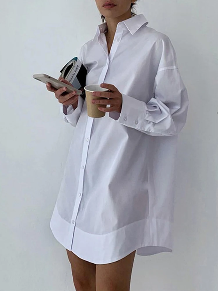 

Весна-Осень 2025: белая длинная рубашка, женская блузка с отложным воротником, свободная рубашка с длинными рукавами, платье, топ, женская одежда 49903