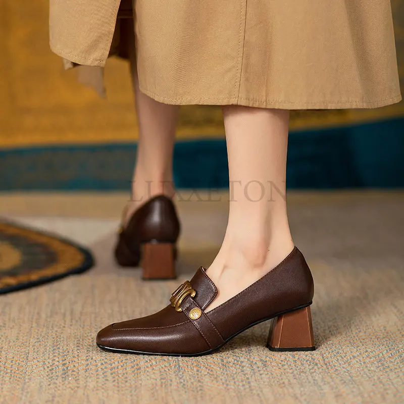 High Heel Women's Small Leather Shoes 2023 Spring and Autumn New Thick Heel Square Head Soft Leather British Lefu Shoes