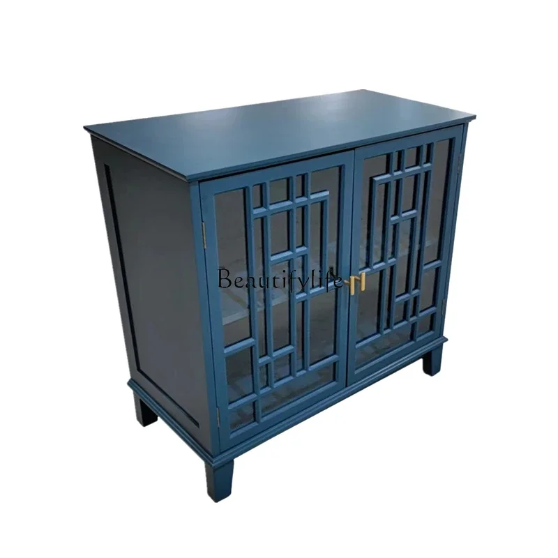 

LJY*Export retro wood carved furniture two-layer double door cabinet blue white