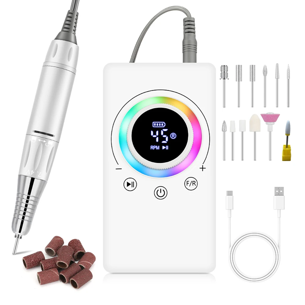 Nail Drill Machine 45000RPM Rechargeable Electric Nail Master HD LCD Display Manicure Machine For Nails Gel Polish Low Noise