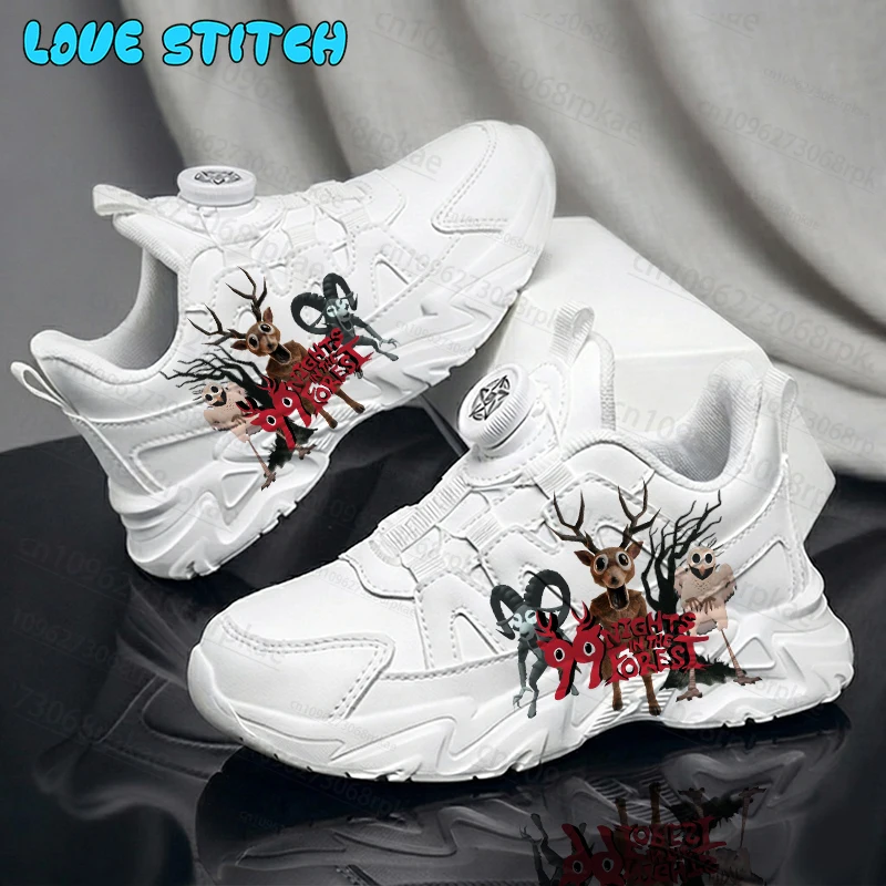 99 Nights in The Forest Small White Shoes Boys Girls Simple Rotating Button Interesting Print Four Seasons Universal Footwear