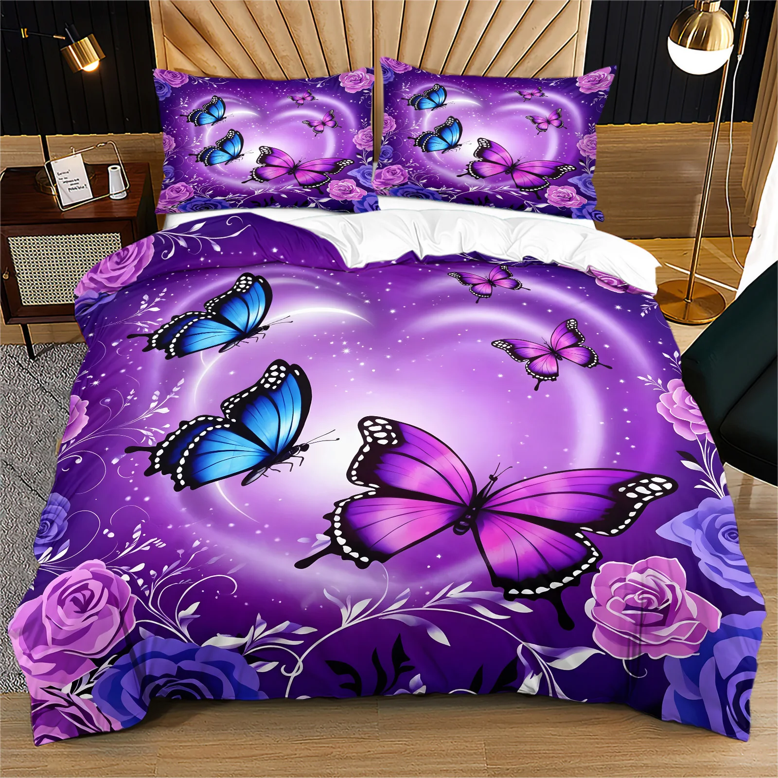 Fantasy Purple Starry Sky Butterfly Rose Bedding Set Romantic Floral Duvet Cover Set Polyester Quilt Cover Home Textile Bedroom