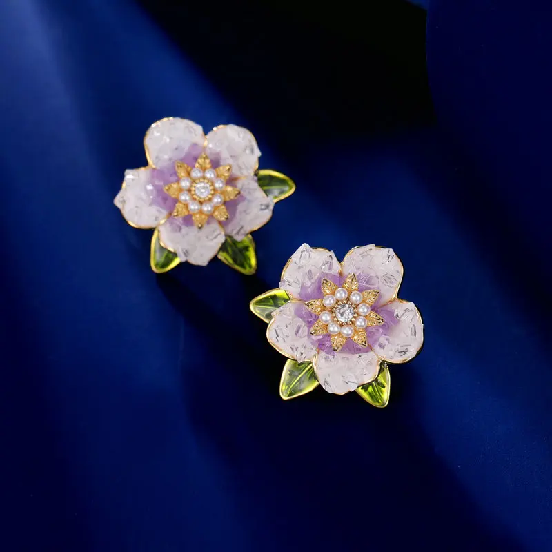 

Deliciated Purple Crystal Camellia Flower Stud Earrings for Daily Wear