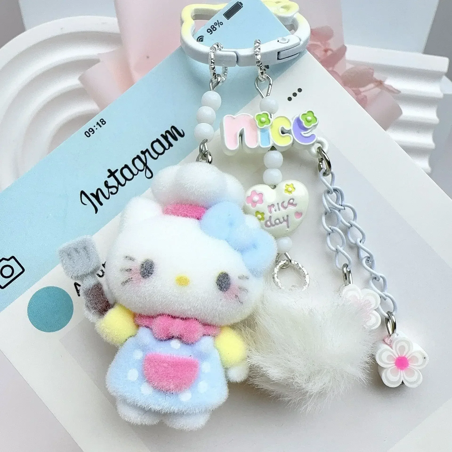 Trendiger Kawaii Hello Kitty Perlen-Taschenanhänger Schlüsselanhänger DIY Handy-Anhänger Modisches Geschenk