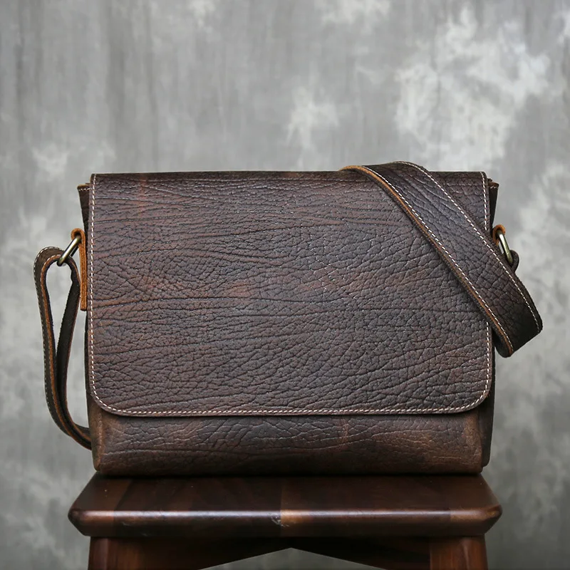Vintage Full-Grain Crazy Horse Leather Crossbody Bag - Men's Retro Flap Shoulder Bag