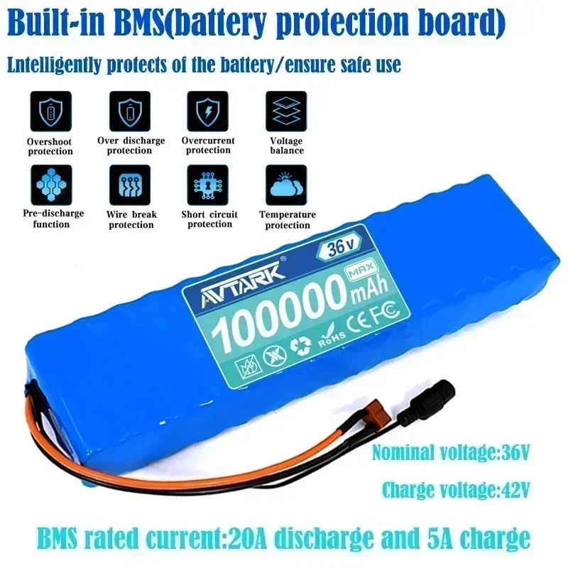 NEW 36V 100Ah 18650 Rechargeable Lithium Battery Pack 10S3P 500W High Power Modified Bicycle Scooter Electric Vehicle with BMS