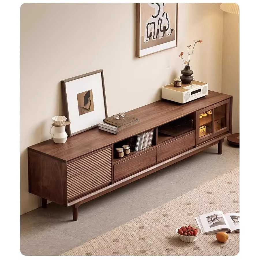 خزانة تلفزيون من خشب البلوط الجوز الأسود، خزانة تلفزيون بسيطة من الخشب الصلب بالكامل، خزانة صوتية وبصرية لغرفة المعيشة المنزلية #4