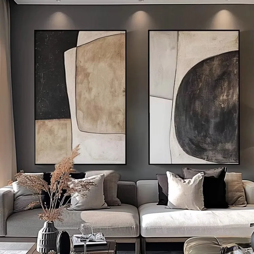 Customize Large Netural Color Wabi Sabi Wall Art Beige and Black Minimalist Wall Art Texture Abstract Geometric Oil Painting