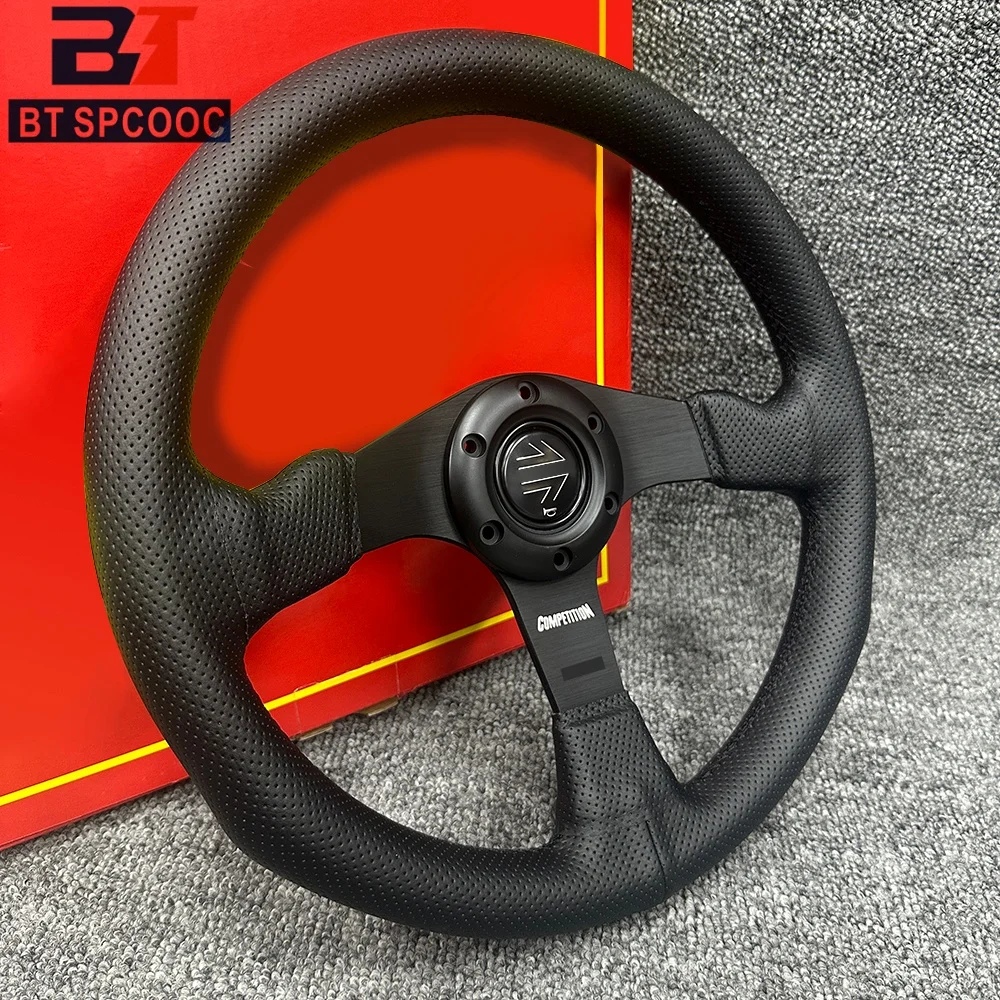 Blau-Gelb Genähtes Italien-Stil V1 Lenkrad Echtes Leder 14 Zoll 350mm Flach Italienische Rückseitengravur Racing Street Sport – Detail 4