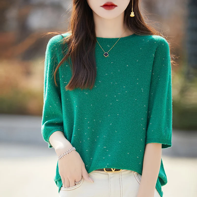 2024 Spring/Summer Pure Wool Cashmere Sweater Women\'s First Line Round Neck Gold Bean Knitted Short Sleeve Loose Soft T-Shirt