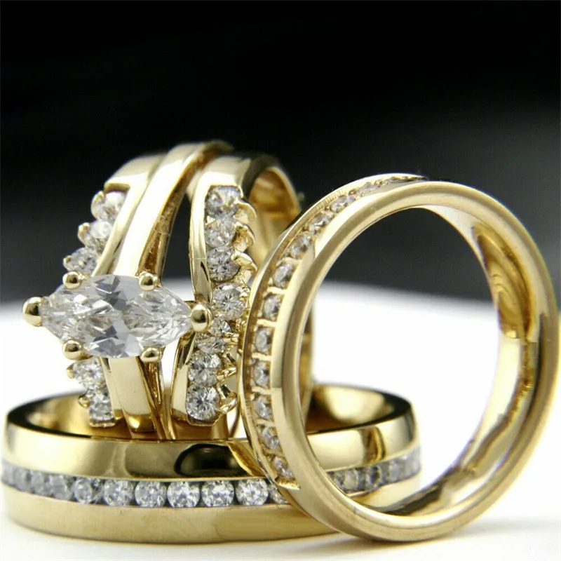 CAOSHI Gorgeous Gold Color Promise Rings for Couples Luxury Wedding Bands Accessories with Bright Zirconia Trendy Finger Jewelry