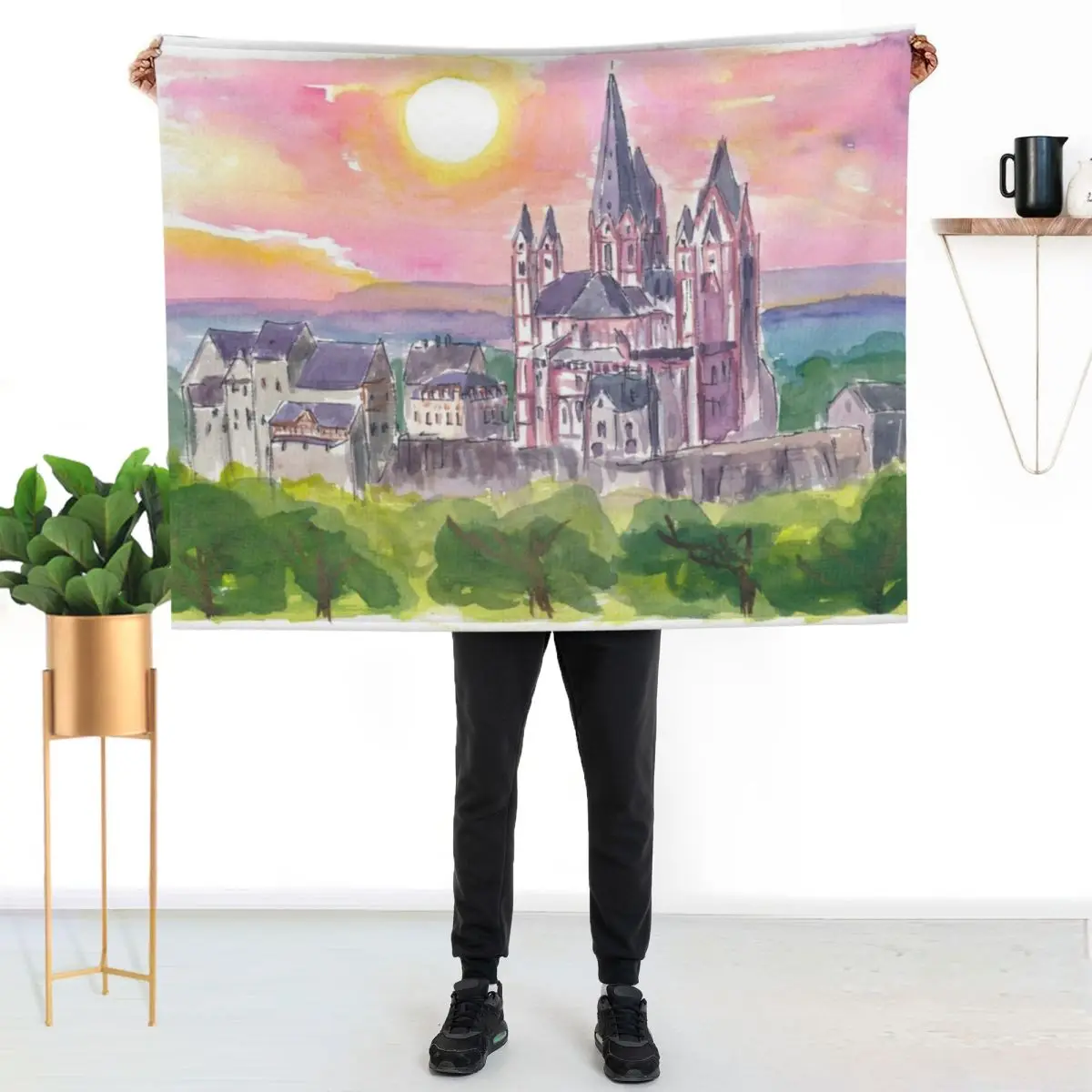 Limburg Cathedral Watercolor Sunset Scene Throw Blanket Retros Thins Bed covers Kid'S Camping Blankets