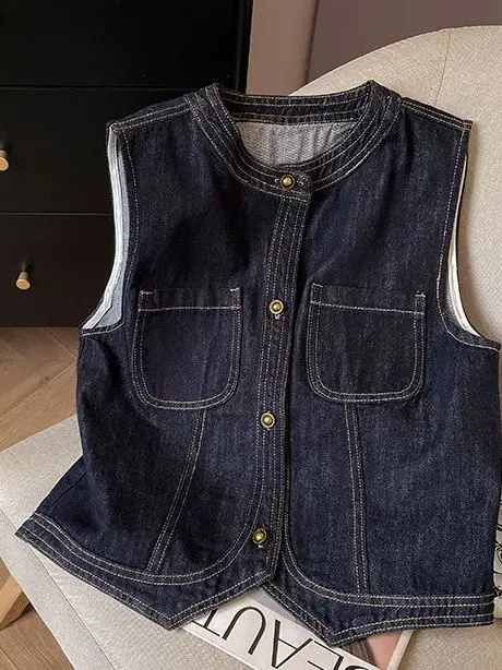 

Retro Denim Vest Svel Women's Casual Layering Jaet Spring Season Versatile Open Front Warmth Padded round Ne Top