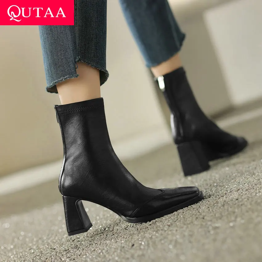 

QUTAA 2024 Women Ankle Boots Stretch Winter Thick High Heels Square Toe Genuine Leather Zipper Shoes Woman Size 34-40