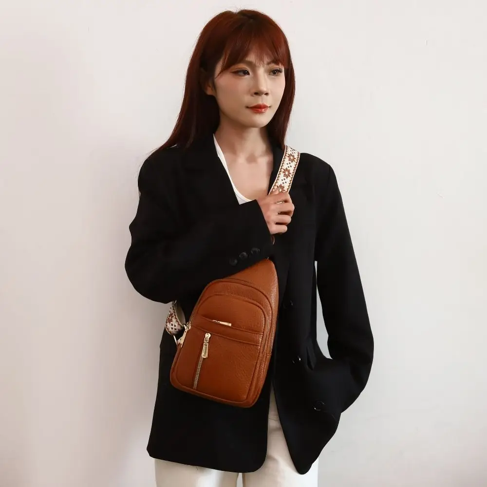 Casual PU Leather Bohemian Chest Bag Solid Color Vintage Crossbody Backpack Large Capacity Zipper Outdoor Shoulder Bag Riding