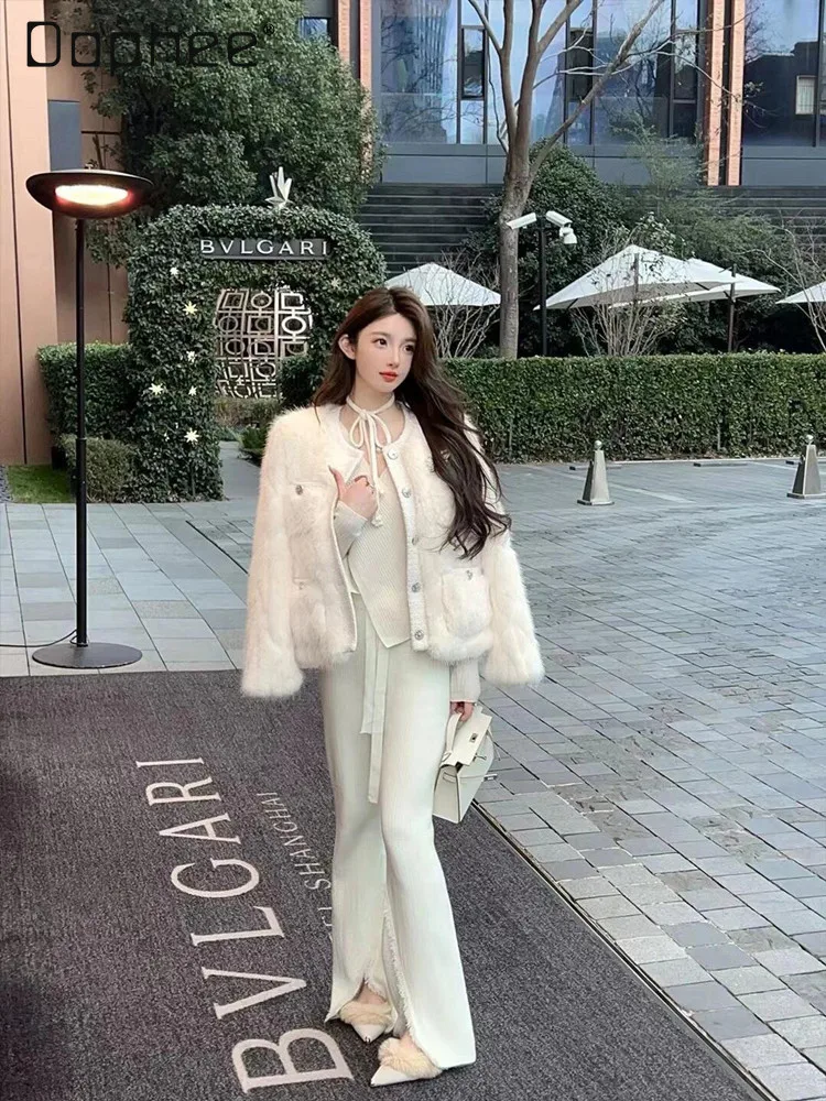 อารมณ์สง่างามเป็นมิตรกับสิ่งแวดล้อมขนสัตว์สั้นหวานรอบคอ Single-breasted Faux FUR หนา WARM Plush JACKET