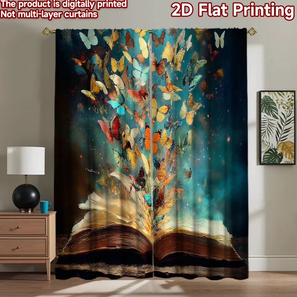 

2D flat printing 2pcs Party Curtain Book Butterflies Release Imagination Digital Printed Polyester Drapes Holiday Decorations