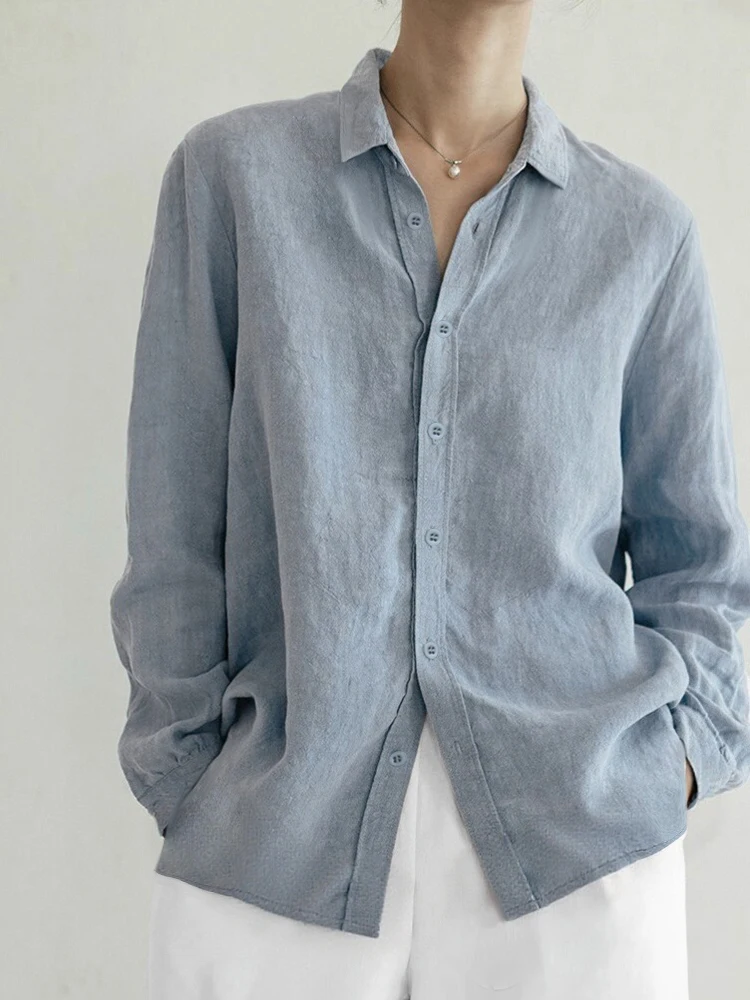 Retro Hong Kong Style Long Sleeve Cotton Shirt Women's Loose Fit Collared Top Breathable Comfortable Pure Linen Feel Spring A...