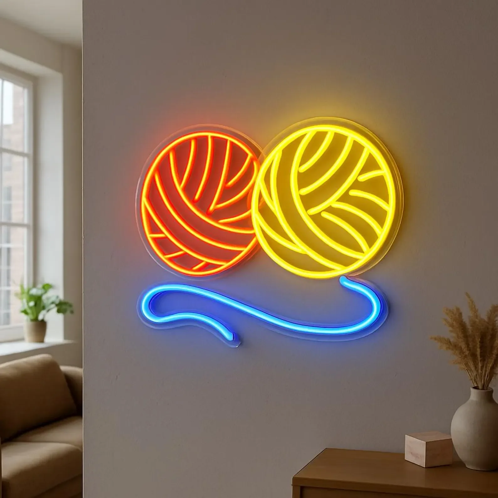 Skein of Thread and Crochet Hook Neon Sign, Decor for Handmade Studio, Knitting Decor, Thread for Knitting Neon Decor