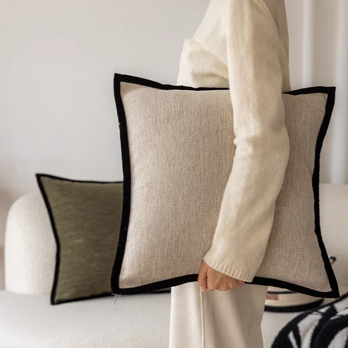 30x50/45x45CM French Retro Black Border Pillow Milk Tea Colored Living Room Sofa Cushion Backrest Pillow Waist Pillow Decor