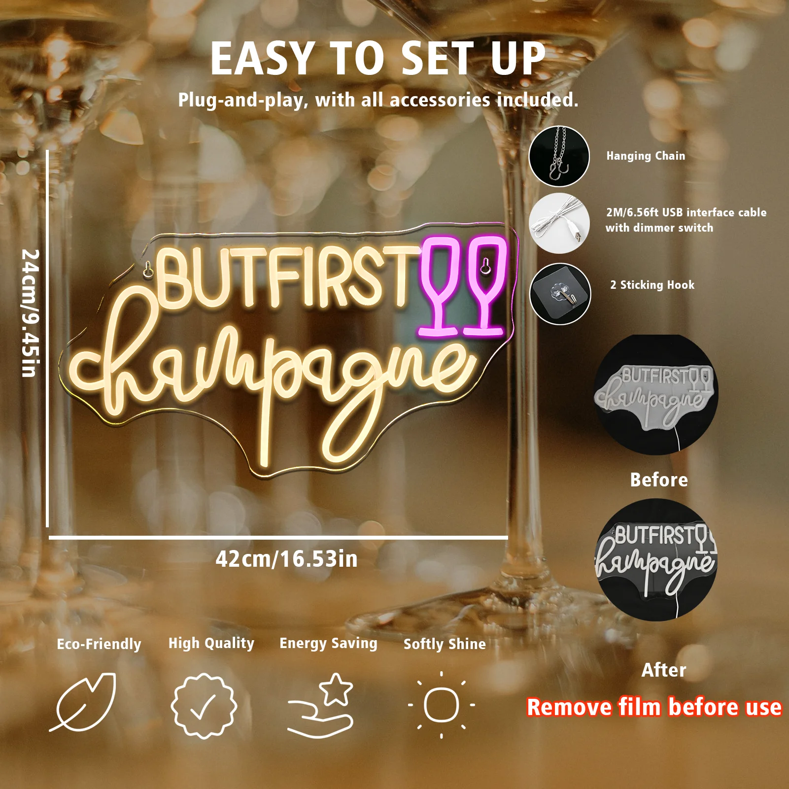 But First Champagne Neon Sign Wall Decor for Home Bar Kitchen Man Cave Pub Weddings Birthdays Graduations Decor Light Dimmable