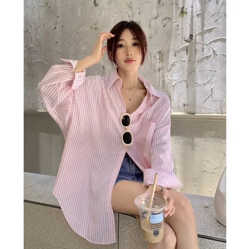 Korean Y2K Streetwear Sweet Women's Shirts Striped Button Fashion All-match Women's Cardigan Top 2026 Autumn New Shirts Simple
