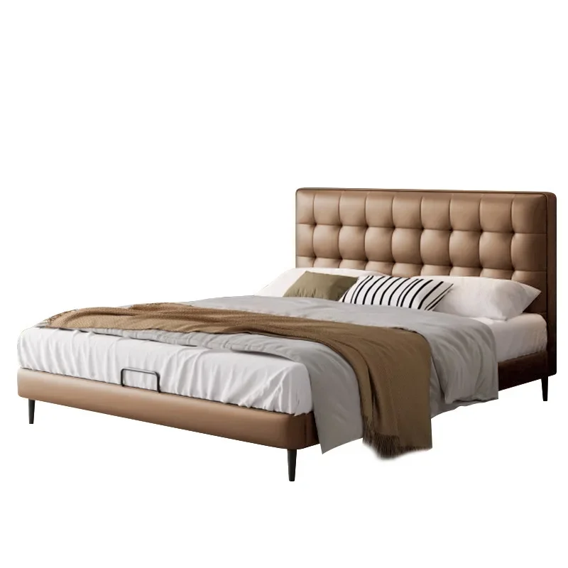 

Italian minimalist leather bed, modern minimalist thin flush edge bed, double master bedroom