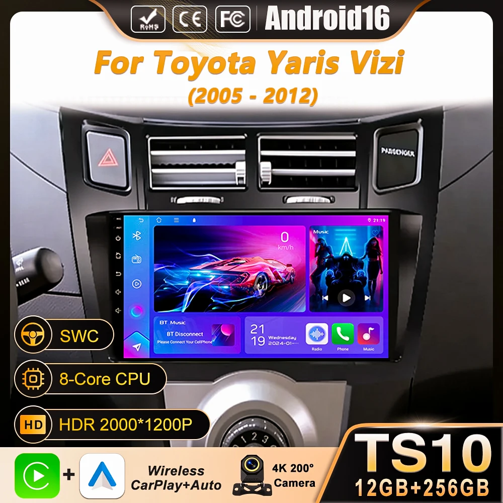 For Toyota Yaris Vizi 2005 - 2012 Carplay Multimedia Player Bluetooth Car Radio Android 16 Auto GPS Navigator 4G WIFI DVD QLED