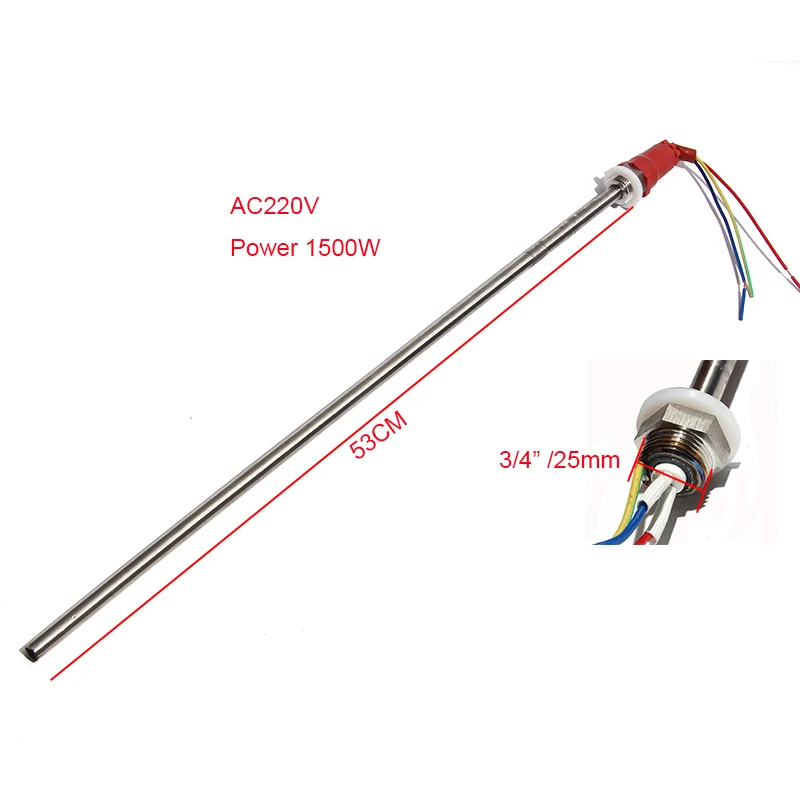 Solar Electric Heating Element Straight type 53CM Tube 25mm 20mm Thread Length AC220V 1500W for Water Heater Tank Part
