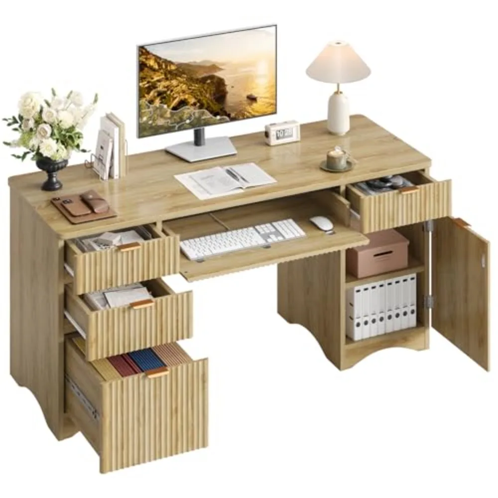 63 Inch Home Office Desk with Drawers, Fluted Executive Desk with Ample File Drawer, Keyboard Tray & Storage Cabinet