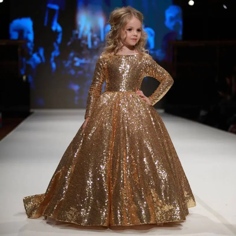 Girl Dress Princess Birthday Party Pageant prom 2-12yrs Teenage Girls Wedding Gold sequins Flower  Long Girl Dresses vestidos