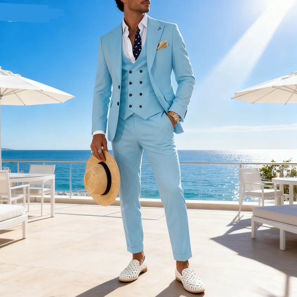 

Elegant Pink 3-piece Men's Tuxedo Suit with Peak Lapel Blazer Vest And Pants Set for Wedding Business Banquet Groom Attire