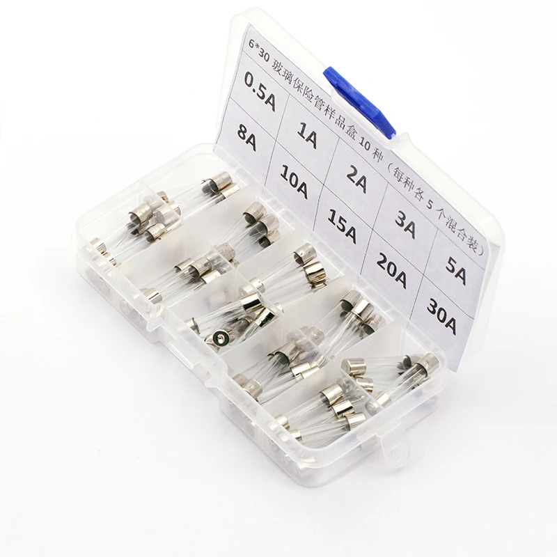 50pcs 10Kinds 6x30mm Fast Quick Blow Glass Tube Fuse Assortment Kit 250V 0.5A  1A 2A 3A  5A 8A 10A 15A  20A 30A Glass Fuses