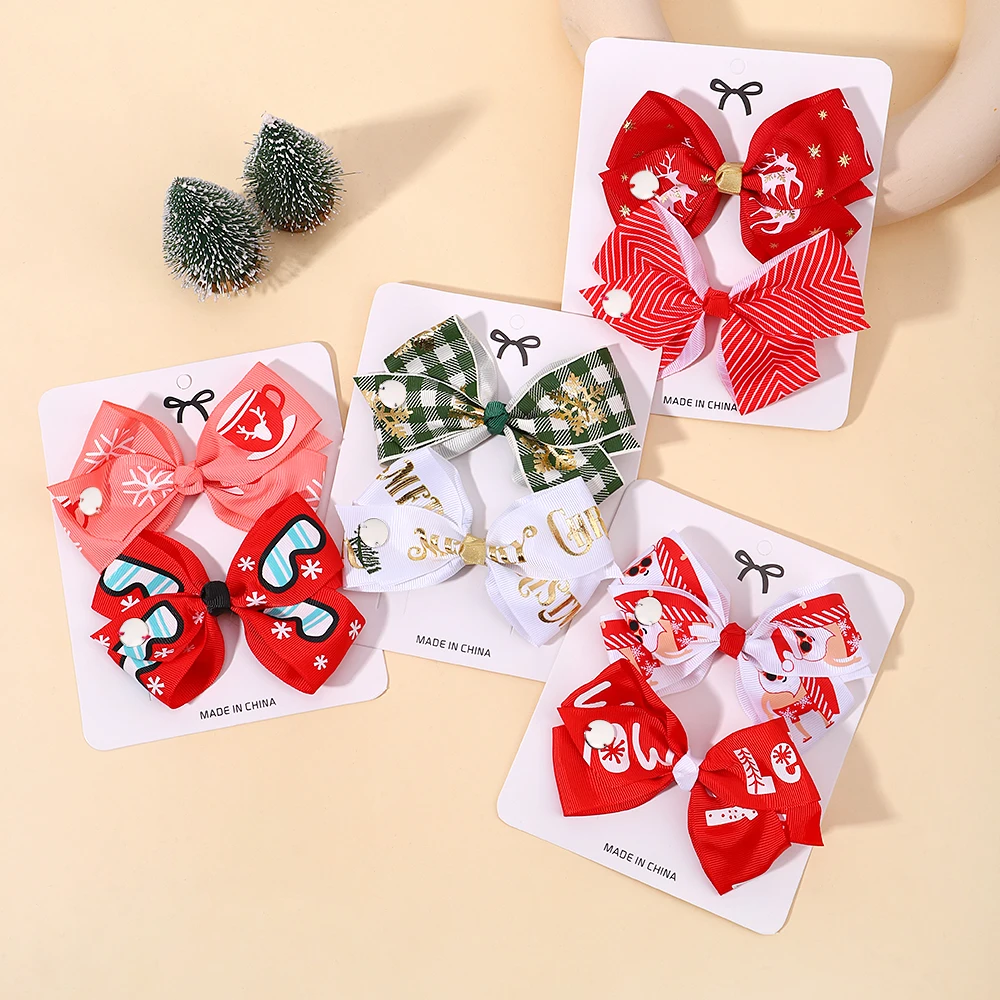 

2PCS/set Christmas Elk Snowflake Print Hair Bow Clips for Baby Girl Sweet Ribbon Headwear Hairpins Party Hair Accessories Gift