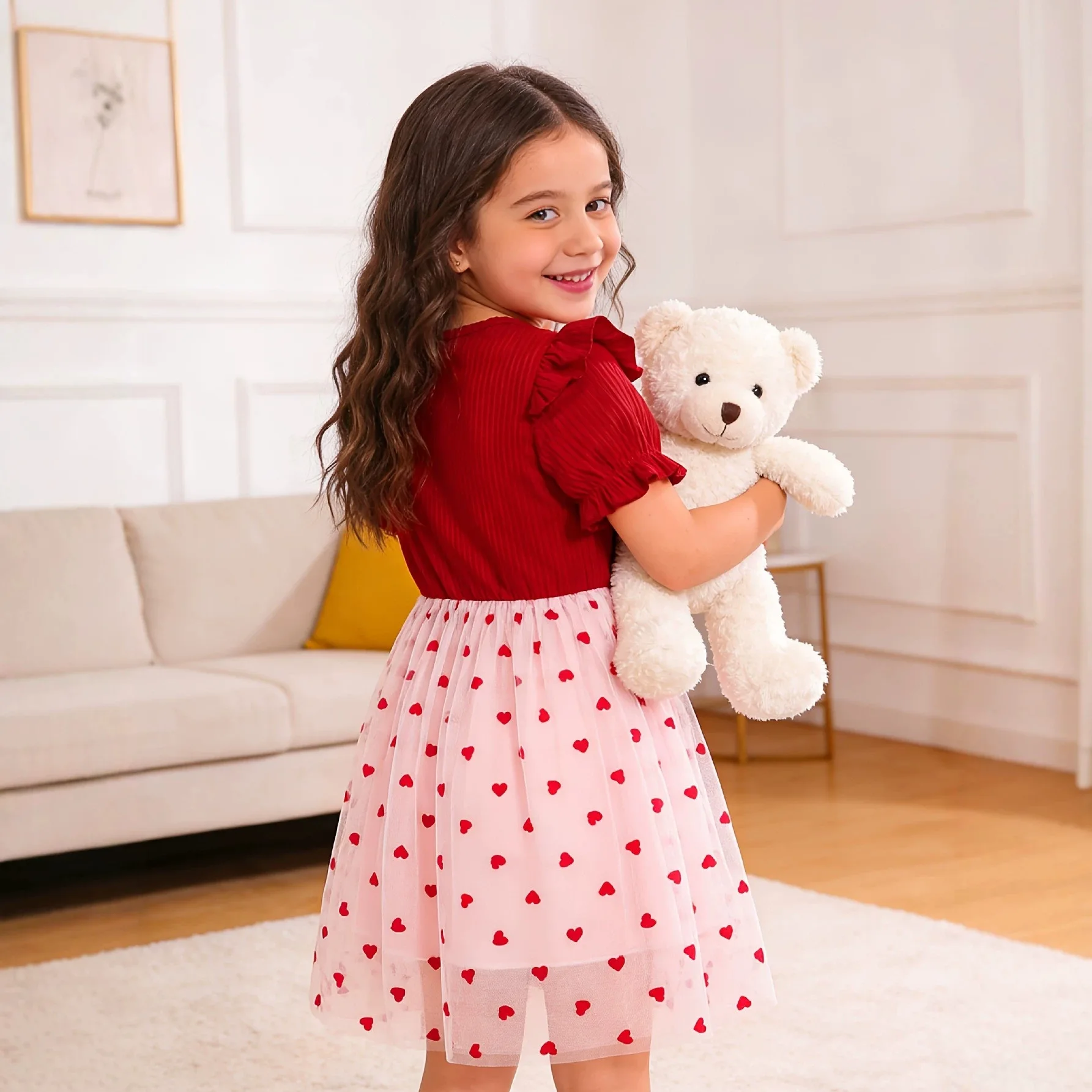 Girls Printed Flutter Sleeve Mesh Princess Dress 2026 Summer New Childrens Sweet Birthday Short Sleeve Dress Trend