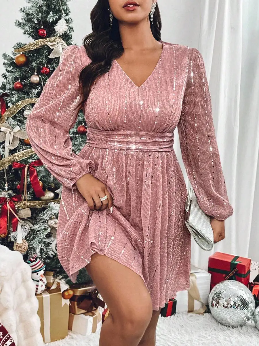 

Plus Size V-Neck Sequin Long Sleeve Mini Dress with Ruched Waist