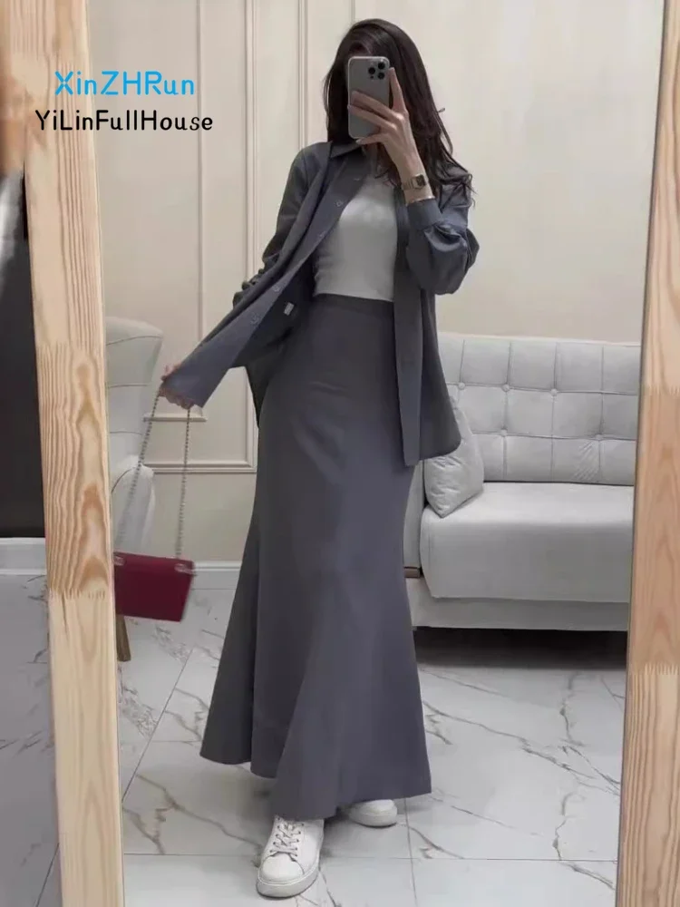 2024New Womens Lapel Single Breasted  Casual Loose Long Sleeved Shirt Top Temperament Slim Fit Elastic Waist Long Skirt Thin Set