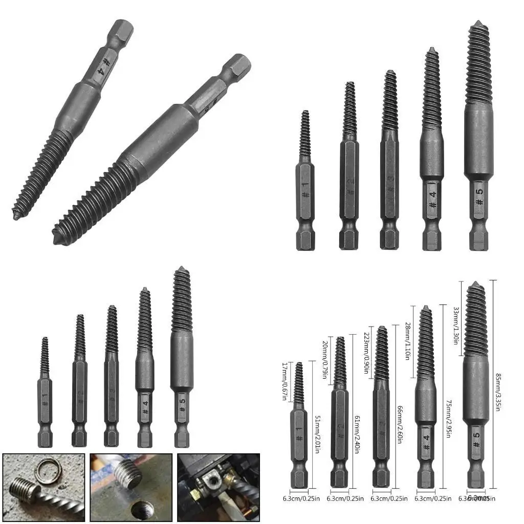 

E8BD 5x/Set Hexagonal Shank Screw Extractor Practical Flute Bolt Extractor Set